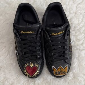 Dolce & Gabbana Black Sneakers with Red and Gold Embroidered patches